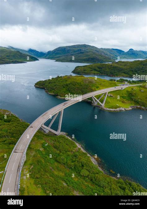 Aerial view of Kylesku Bridge crossing Loch a Chàirn Bhàin on North ...