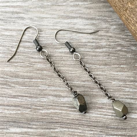 Long iron pyrite earrings, fools gold, geometric minimalist jewelry ...