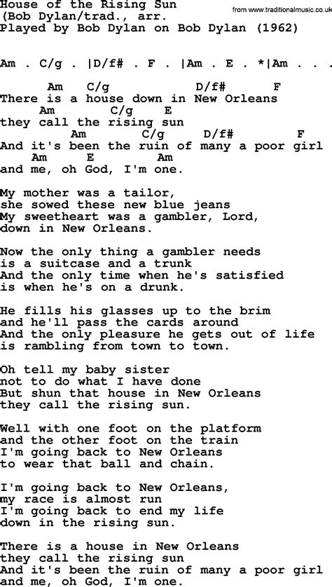 Bob Dylan song - House of the Rising Sun, lyrics and chords