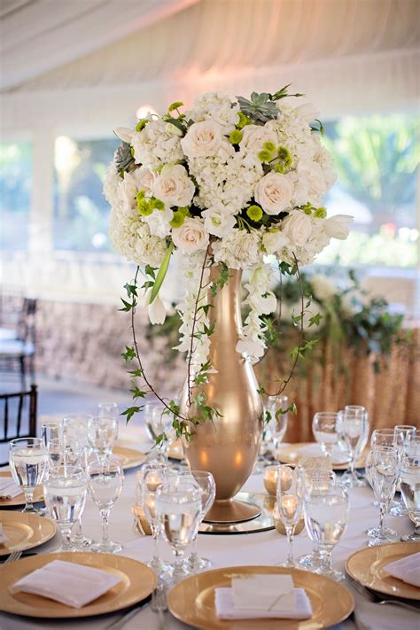 Romantic Floral Centerpieces in Gold Vases