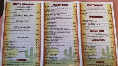 Menu at Benny's restaurant, Bosque Farms