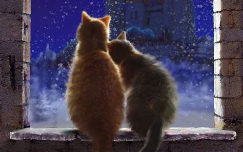 art, Cats, Pair, Love, Snow, Winter, Window, Sill, Castle, Night, Snowflakes Wallpapers HD ...