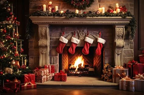 Premium AI Image | Cozy Christmas Scene with Fireplace Stockings and Presents Generated by AI