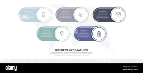 Business vector infographics with five circles and labels. Timeline visualization with 5 steps ...