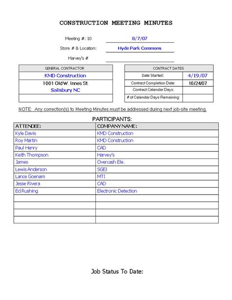 Construction Meeting Minutes Template