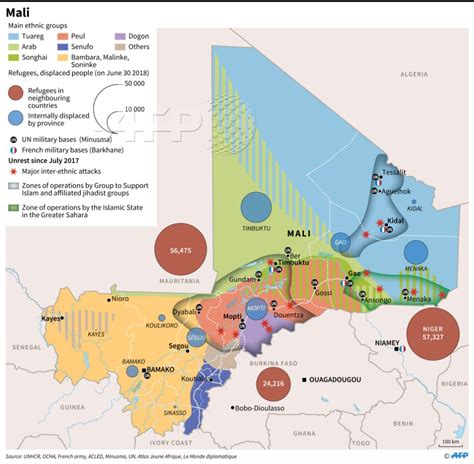 Map of Mali showing its main ethnic groups, refugees and conflict zones ...