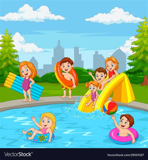 Cartoon happy family playing in swimming pool Vector Image