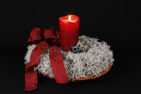 Advent Wreath with One Burning Candle and Red Loop Stock Image - Image of advent, ground: 165332547