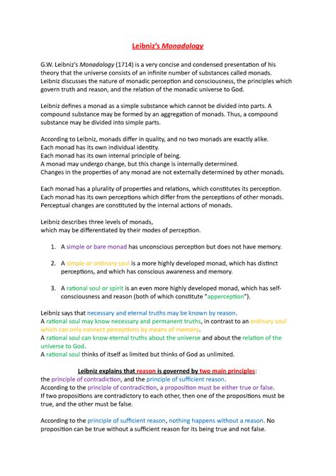 Leibniz - Monadology (summary) - Leibniz’s Monadology G. Leibniz’s Monadology (1714) is a very ...