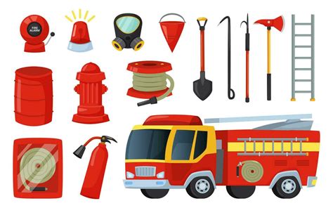 dibujos animados bombero equipo y herramientas, hacha, extintor y manguera. fuego camión, boca ...