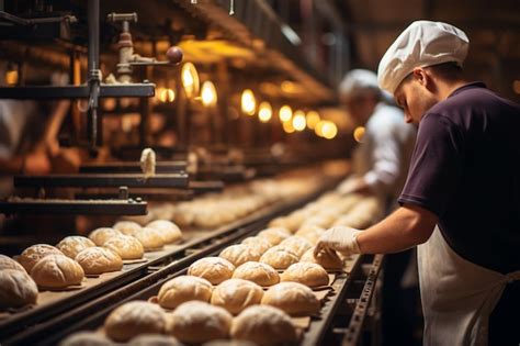 Premium AI Image | workers sorting bread on bakery factory copy space