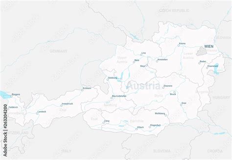 Administrative map of Austria with states, rivers and cities - highly ...