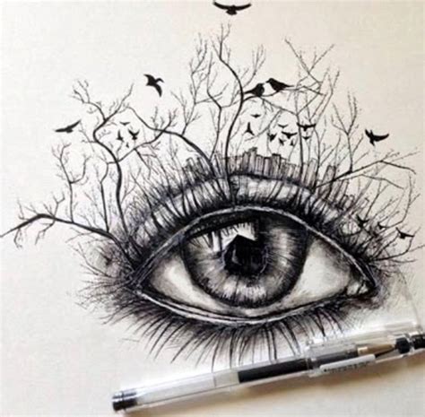 Forest eyelash eye with city in background | Eye art, Eye drawing, Art