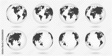 Set of transparent globes of Earth. Realistic world map in globe shape ...