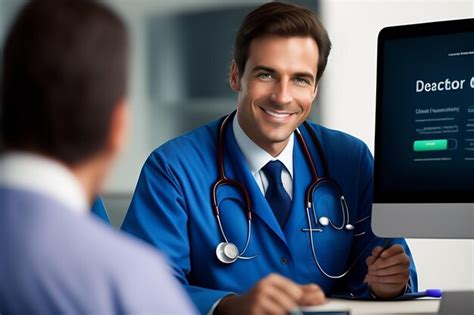 Premium AI Image | A doctor sits at a desk with a computer monitor that ...