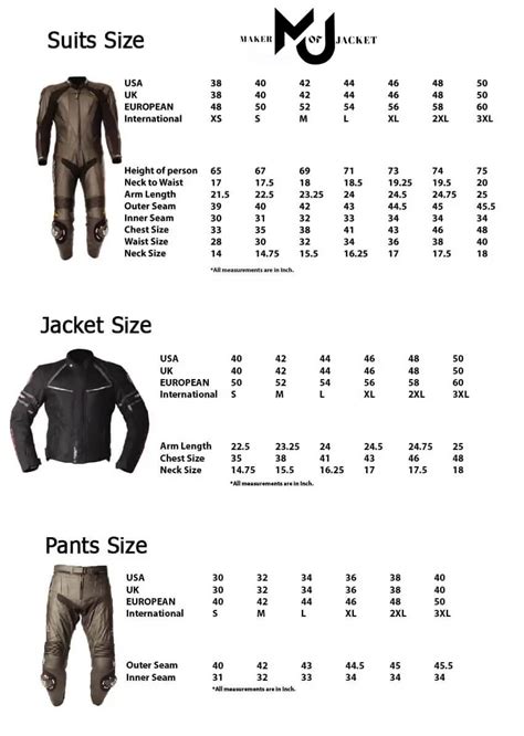 Sizes Chart and Sizing Guide - Maker of Jacket