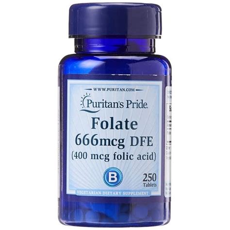 Puritan's Pride Folate 666 mcg DFE (400 mcg folic acid) 250 tablets ...