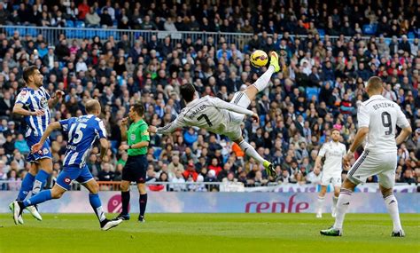 Cristiano Ronaldo of Real Madrid attempts a bicycle kick during the La Liga match between Real ...