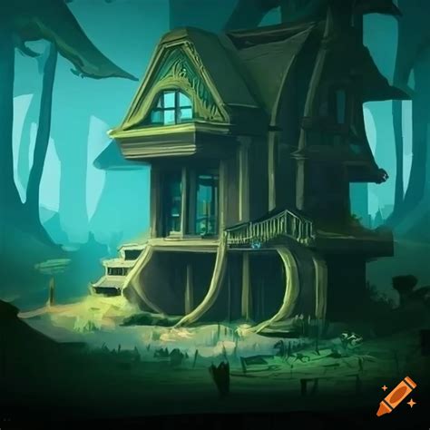 Fantasy concept art of a peculiar building in a forest on Craiyon