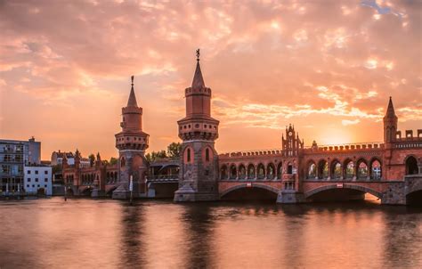 Wallpaper sunset, bridge, river, the evening, Berlin, The upper tree ...