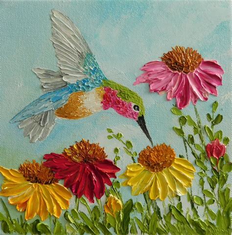 Custom Cone Flowers and Hummingbird Impasto Painting, Hummingbird Oil ...