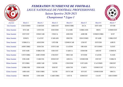 Calendrier de la Ligue I : Saison 2020/2021 - Fédération Tunisienne de ...