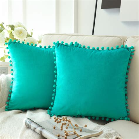 Phantoscope Pom Pom Velvet Series Decorative Throw Pillow, 18" x 18", Turquoise, 2 Pack ...