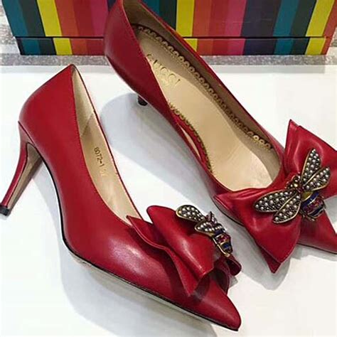 Gucci Women Leather Mid-Heel Pump with Bee Shoes Red - LULUX