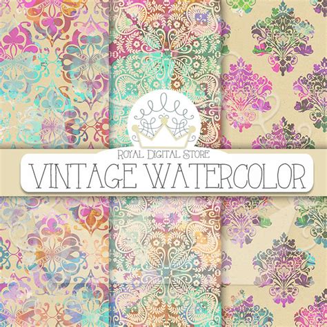 Watercolor Digital Paper: vintage Watercolor With Watercolor Damask Patterns, Vintage Background ...