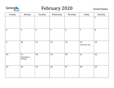 February 2020 Calendar - United States