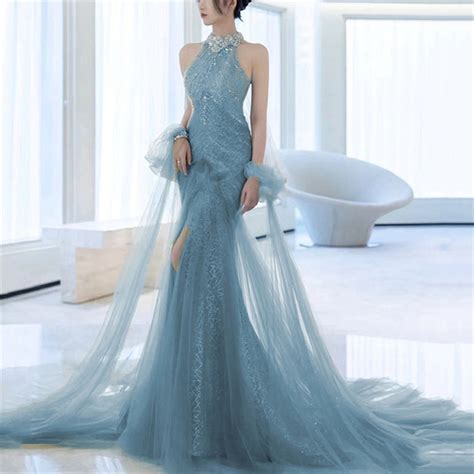 Blue Tulle Fairy Dress, Halter Long Train Princess Dress, Gentle Mermaid Dress, Elegant Banquet ...