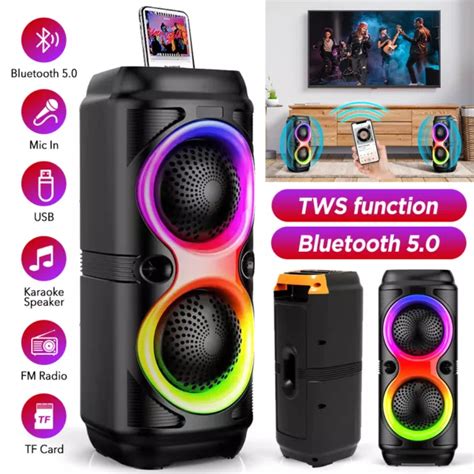 PORTABLE BLUETOOTH SPEAKER Dual Speakers Party Stereo Subwoofer RGB ...