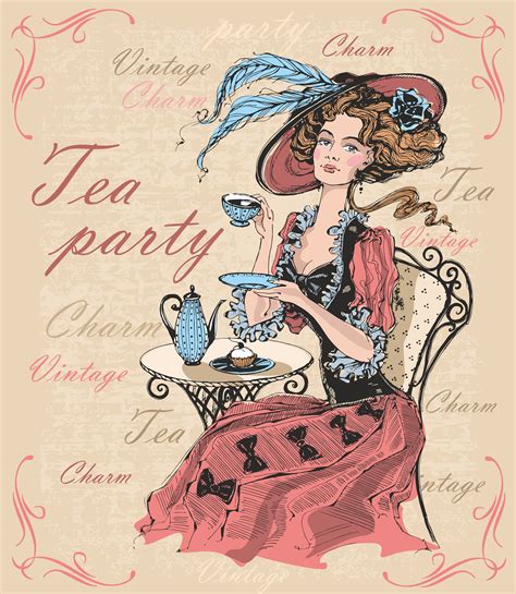 Vintage lady in a hat drinking tea. Lady in crinoline. Tea party. Charm. Vintage. Inscriptions ...