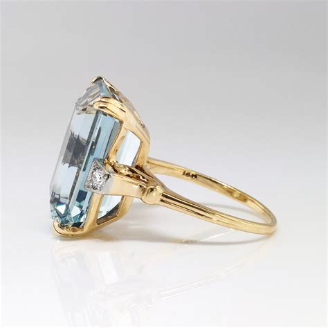 Vintage 1940's 12.79ct t.w. Emerald Cut Aquamarine & Diamond Cocktail Ring 14k | Antique ...