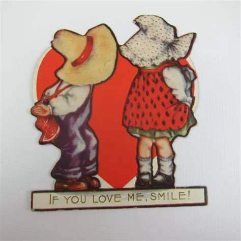 VINTAGE VALENTINE CARD Die Cut Stand Up Boy Straw Hat & Girl Bonnet UNSIGNED $7.99 - PicClick