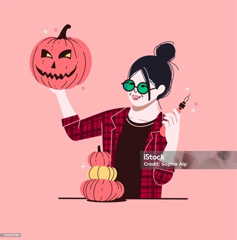 Woman Showing Their Carved Pumpkin Head Stock Illustration - Download Image Now - Adult, Adults ...