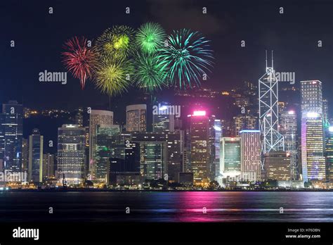 Fireworks Festival over Hong Kong city, view from Victoria Harbour Stock Photo - Alamy