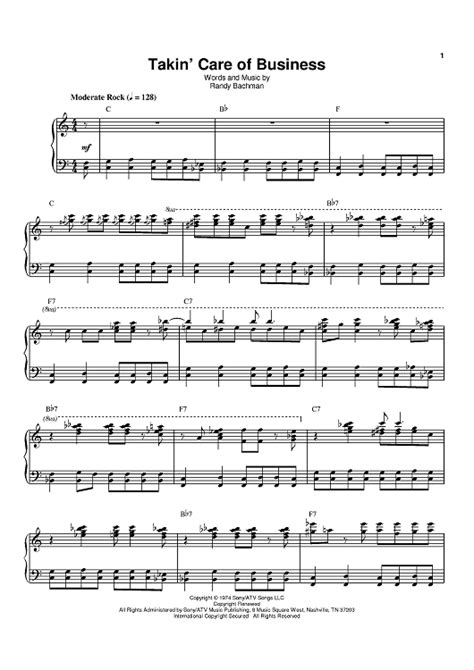 Takin' Care Of Business" Sheet Music by Bachman-Turner Overdrive for Piano/Vocal/Chords - Sheet ...