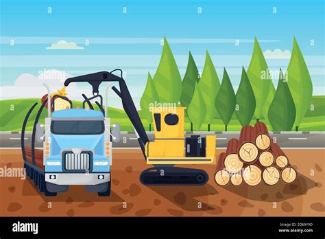 Forestry logging industry. Loading wooden logs in truck, vector flat ...