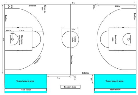 Basketball court diagram labelled: lines, markings and positions ...