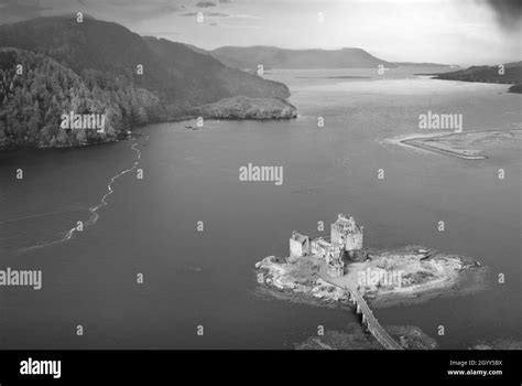 Eilean Donan castle aerial view from above at sunrise Stock Photo - Alamy