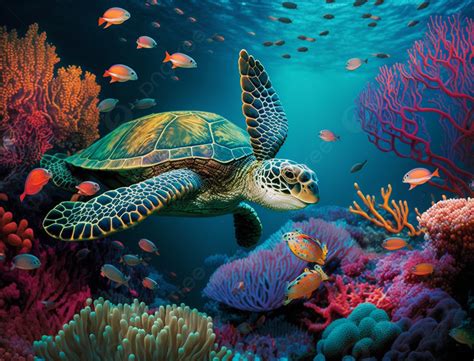 Sea Turtle Red Coral Reef Beautiful Ocean World Background, Ocean, Sea ...