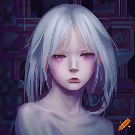 Geometric background with a sad white-haired anime girl on Craiyon