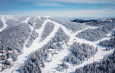 Panorama of the ski resort Kopaonik in Serbia. Kopaonik National Park, winter landscape in the ...