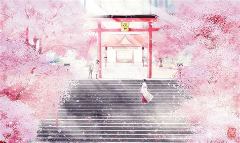 Anime, Petal, Dress, Cherry Blossom, Shrine, Long Hair, Brown Hair ...