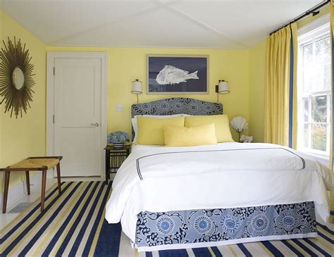 Lemon yellow and beautiful blue in the stylish bedroom | Classic Color ...