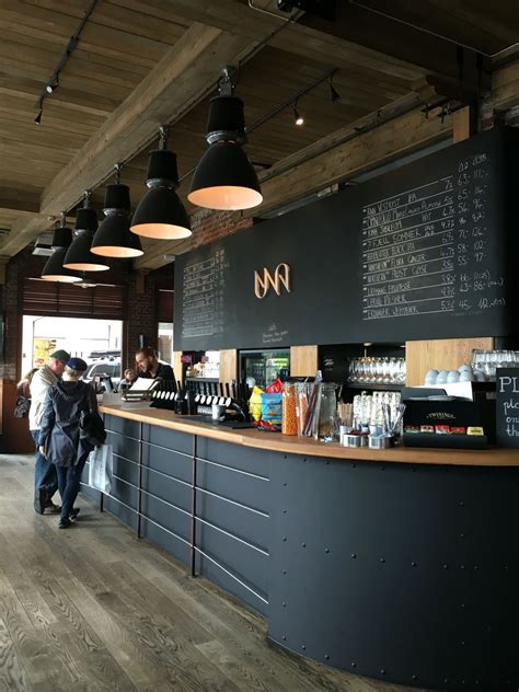 Matte black, industrial, light counters, chalk menu, wood floor/ceiling | Coffee shops interior ...