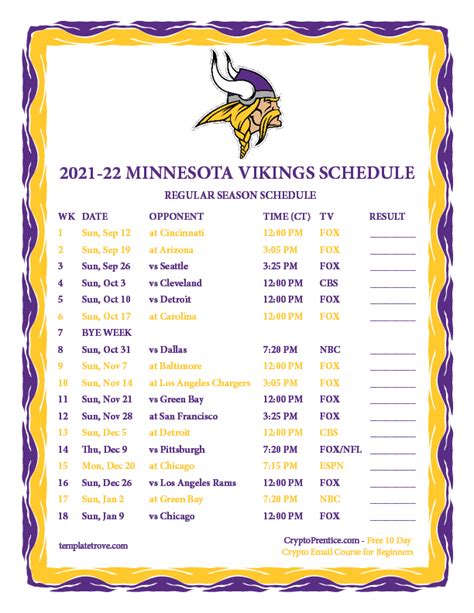 Printable 2021-2022 Minnesota Vikings Schedule