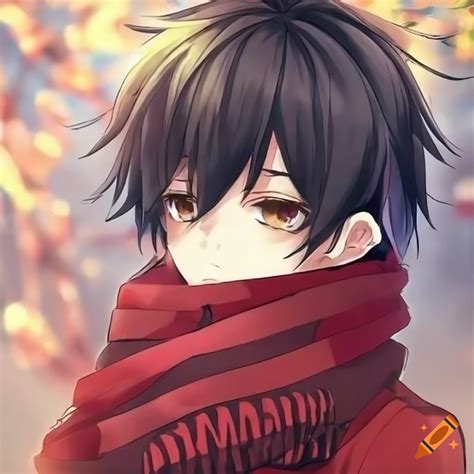 Cute anime boy with black hair and brown eyes wearing a red scarf