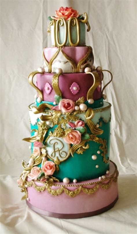 Dummy Cake For 100 Year Old Lady With Gumpaste Flowers Golden Swirls And Crown - CakeCentral.com